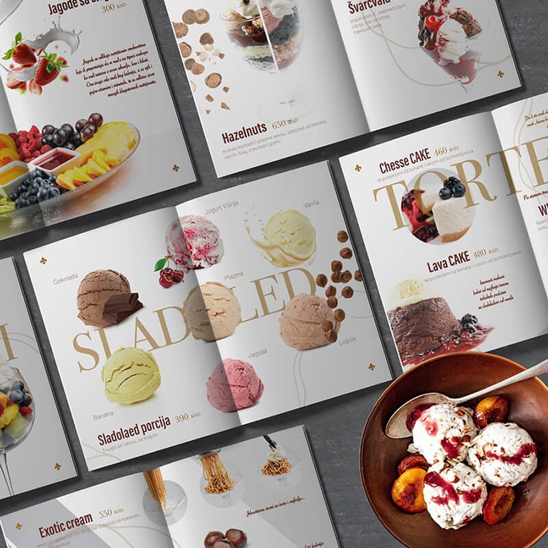 Dizajn dezert karte za poslastičarnice kafiće restorane Kreaterija Novi Sad Beograd Srbija