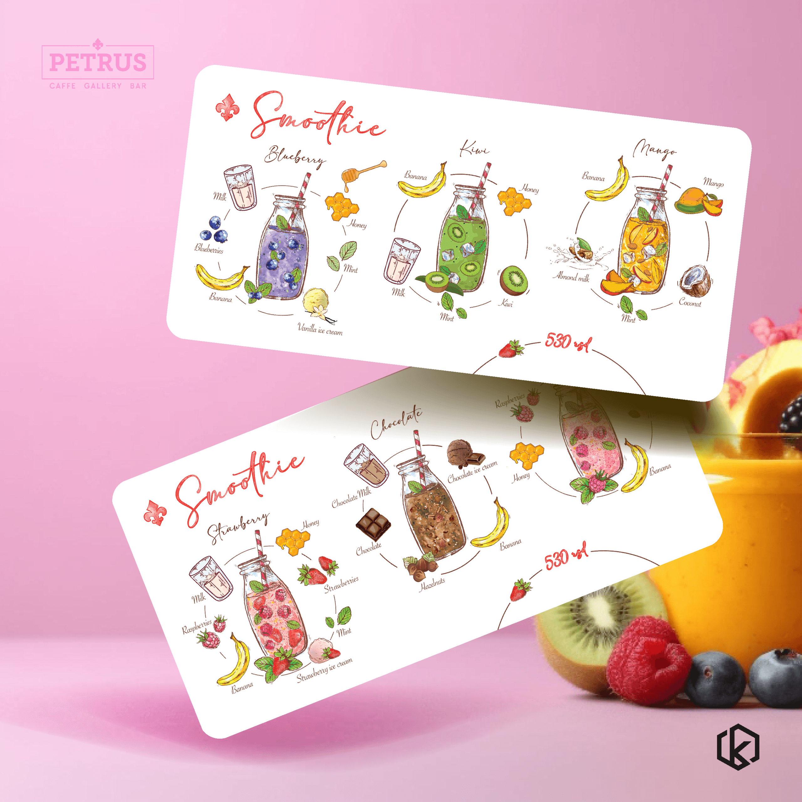 Dizajn jelovnika jelovnici podmetaci za sto restorane apartmane brendiranje Smoothie karta Petrus