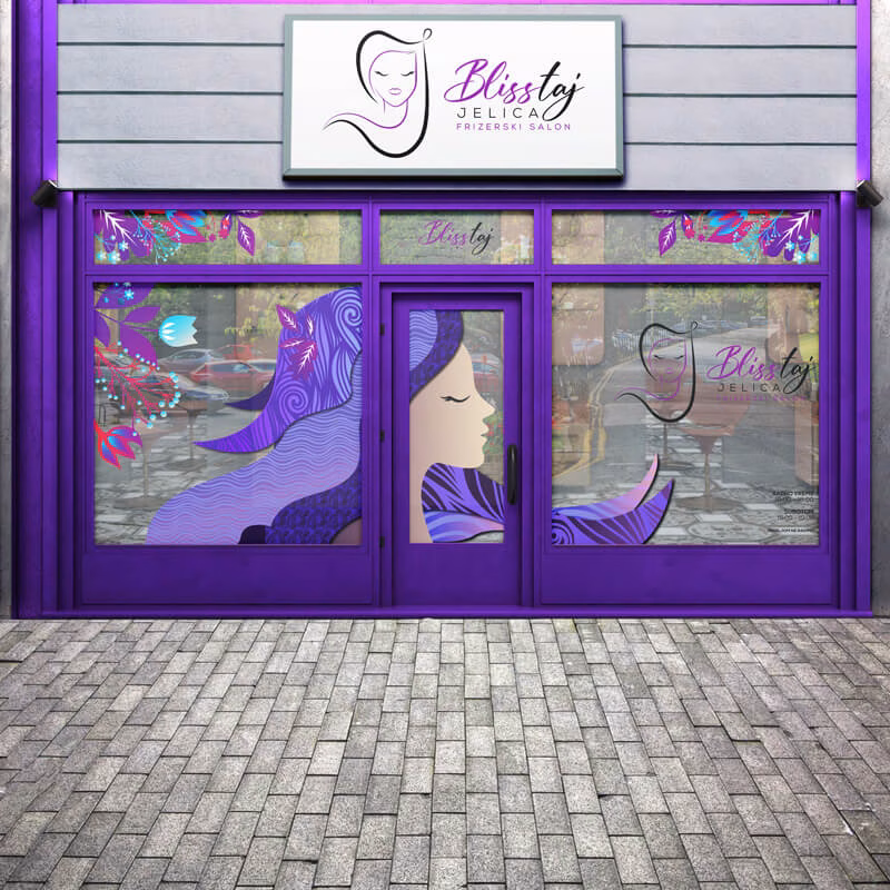 Dizajn i izrada i brendiranje izloga beograd novi sad niš kreaterija srbija blisstaj frizerski salon jelica